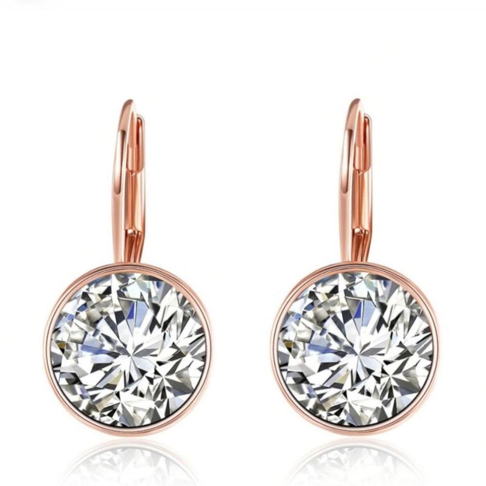 14K Rose Gold White Swarovski Lever Back Earrings